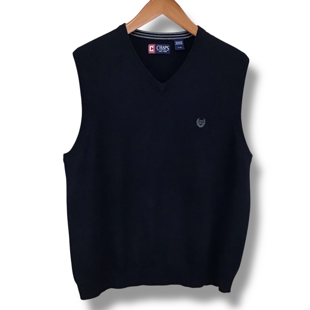 Chaps Mens Black V-Neck‎ Cotton Knit Sweater Vest Large